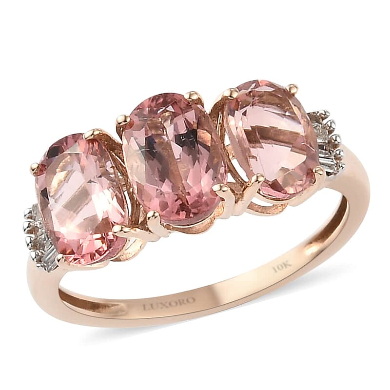 Luxoro Premium Blush Tourmaline and G-H I3 Diamond 2.60 ctw 3 Stone Ring in 10K Rose Gold (Size 10.0)
