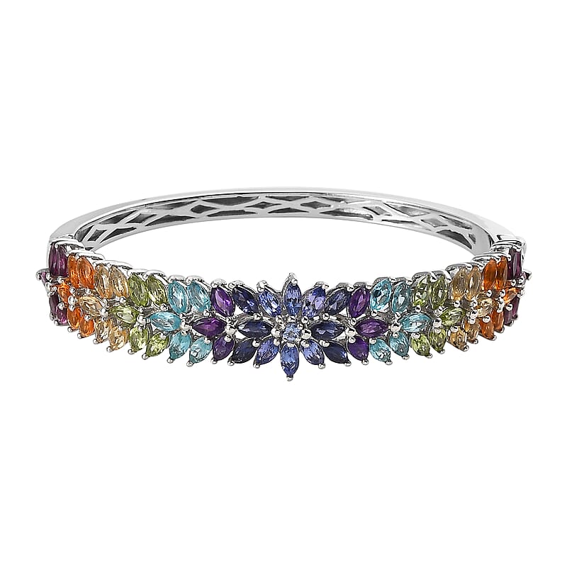 Multi Gemstone Bangle Bracelet in Platinum Over Sterling Silver (6.50 In) 11.15 ctw