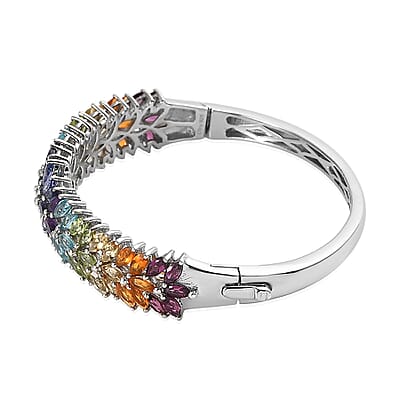 Multi Gemstone Bangle Bracelet in Platinum Over Sterling Silver (6.50 In) 11.15 ctw