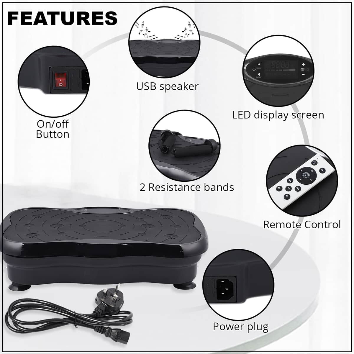 SoulSmart Whole Body Fitness Vibration Platform with Resistance Bands, Remote, & USB Speaker (200 W) Black image number 2
