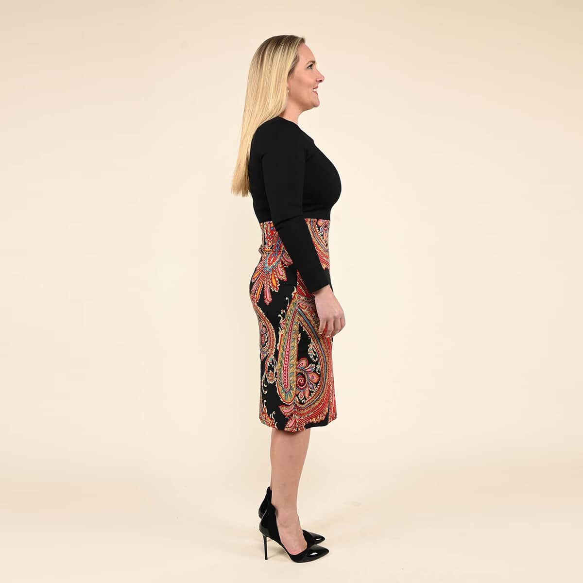 TAMSY Black Paisley Long Sleeve Pencil Dress - M image number 2