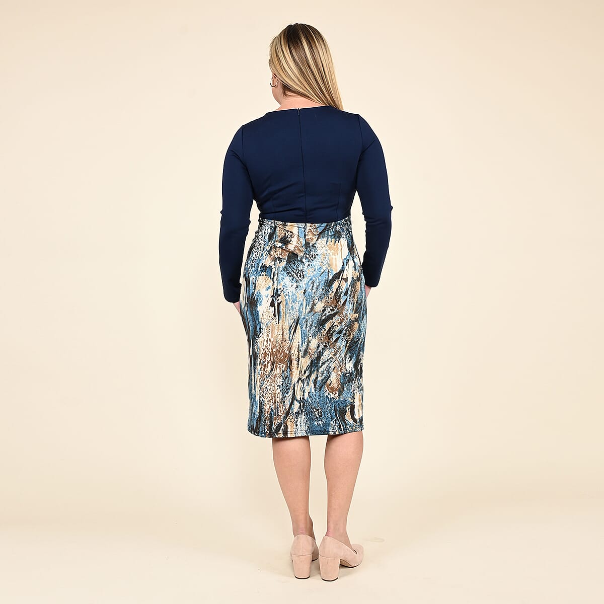Tamsy Navy Abstract Long Sleeve Pencil Dress - M image number 1