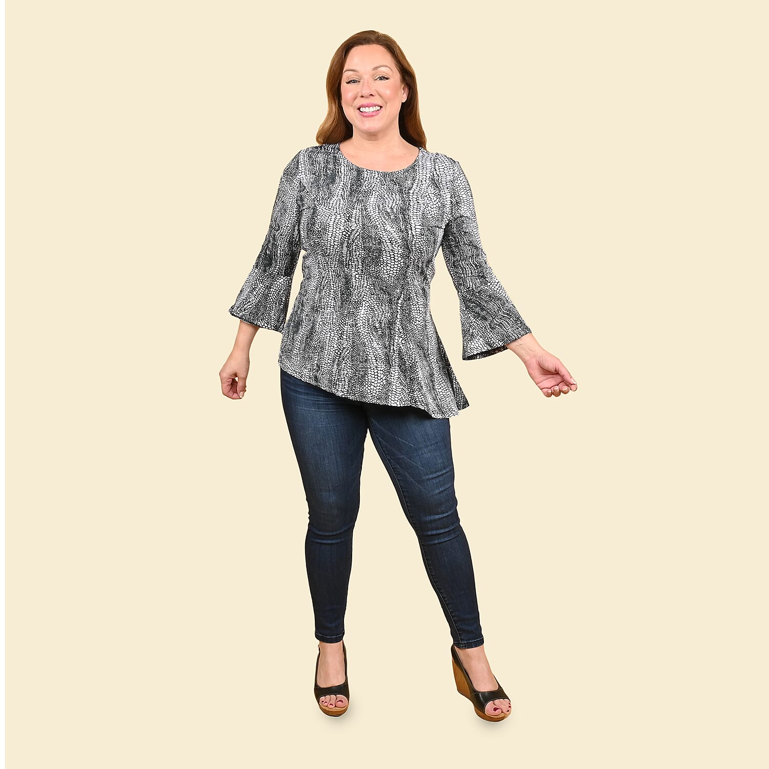 Tamsy Gray Snake Bell-Sleeve Asymmetrical Top - Large