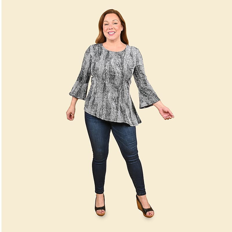 Tamsy Gray Snake Bell-Sleeve Asymmetrical Top - Large