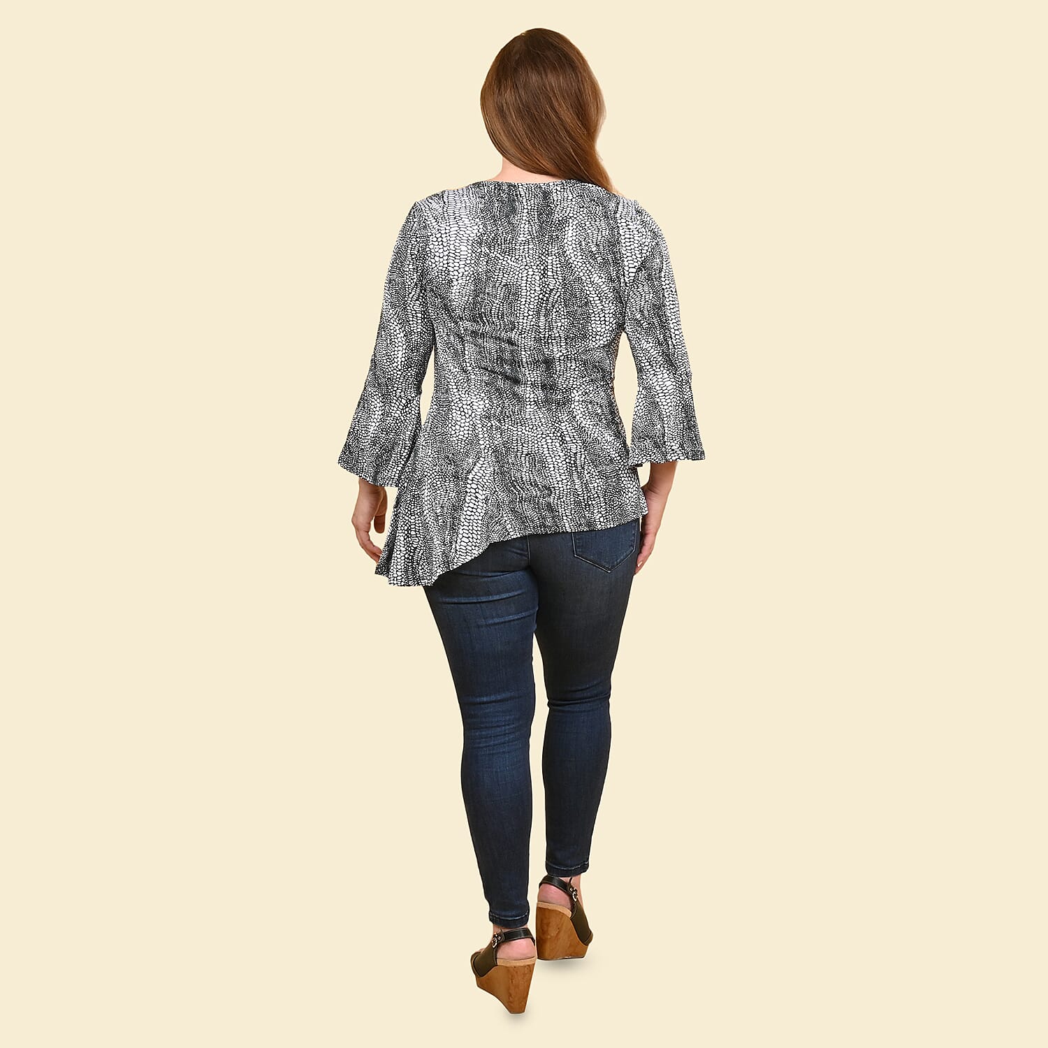 Tamsy Gray Snake Bell-Sleeve Asymmetrical Top - Large