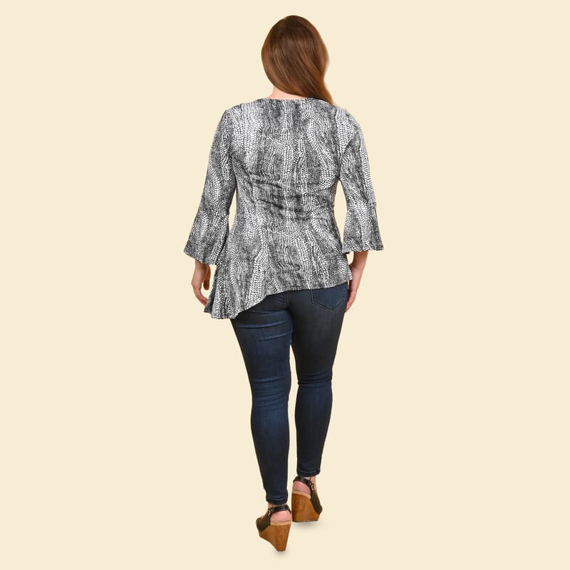 Tamsy Gray Snake Bell-Sleeve Asymmetrical Top - Large