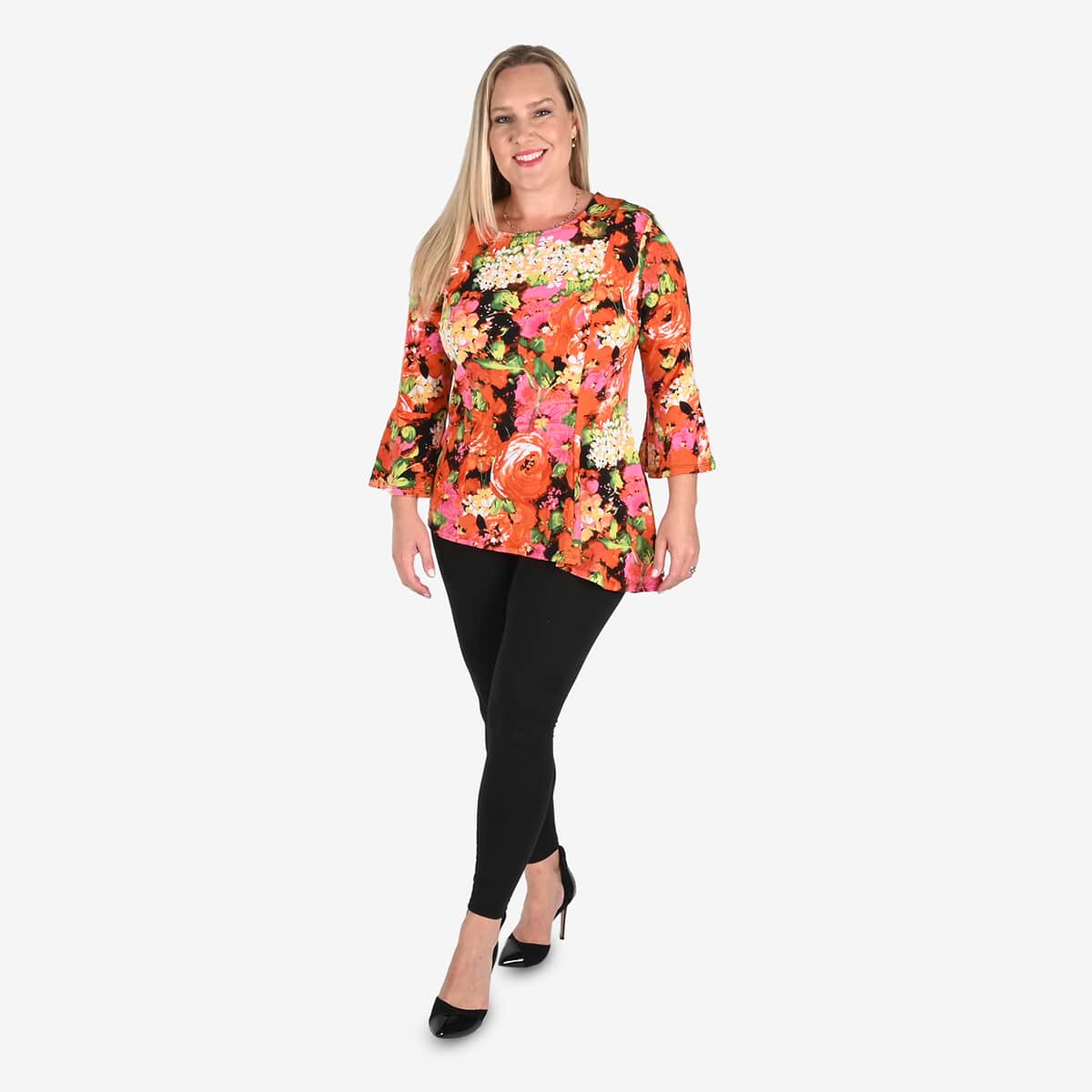 Tamsy Orange and Pink Floral Bell-Sleeve Asymmetrical Top - Large image number 0