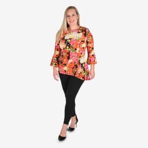 Tamsy Orange and Pink Floral Bell-Sleeve Asymmetrical Top - Large