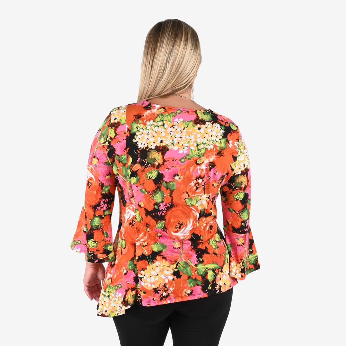 Tamsy Orange and Pink Floral Bell-Sleeve Asymmetrical Top - Large image number 1