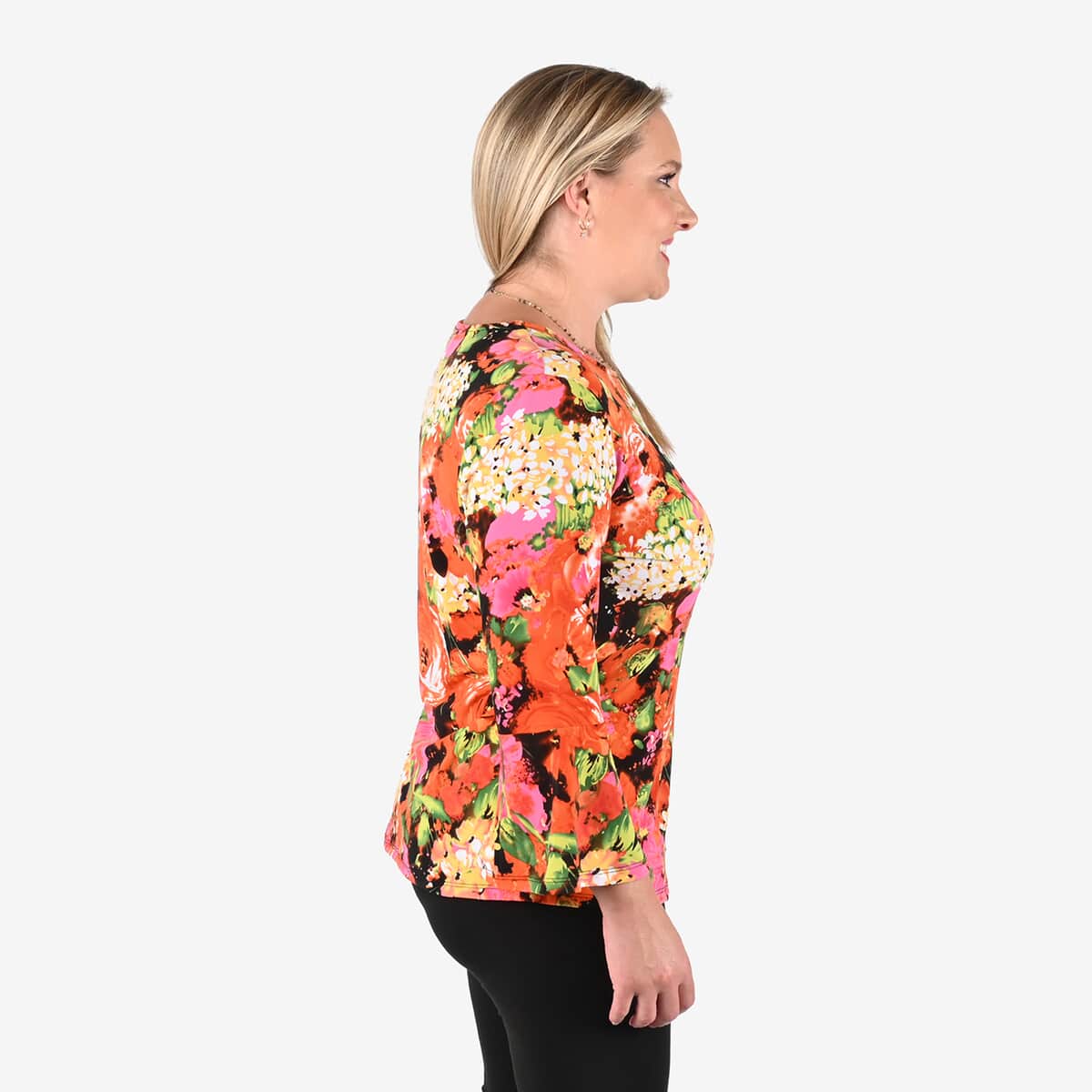Tamsy Orange and Pink Floral Bell-Sleeve Asymmetrical Top - Large image number 2