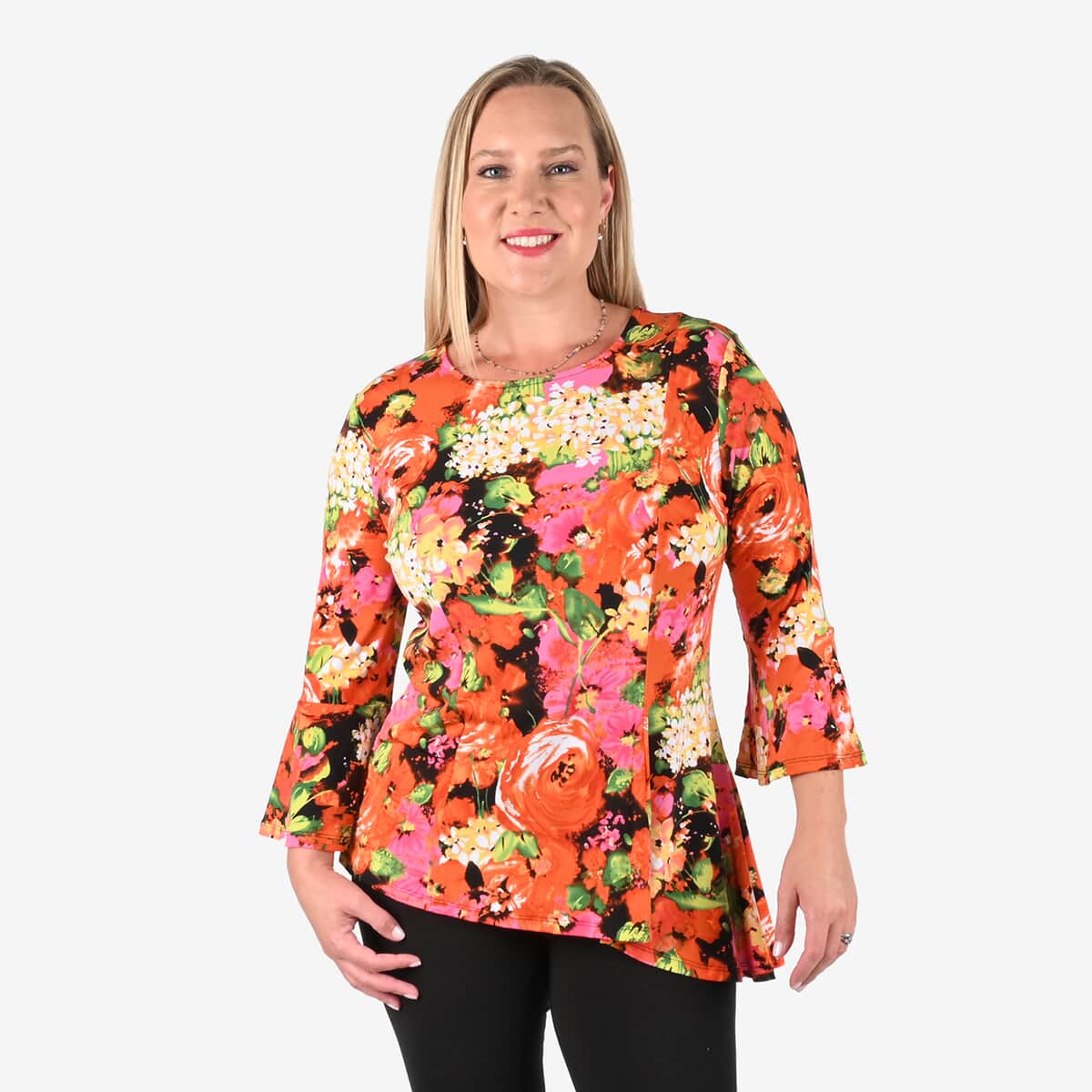 Tamsy Orange and Pink Floral Bell-Sleeve Asymmetrical Top - Large image number 3