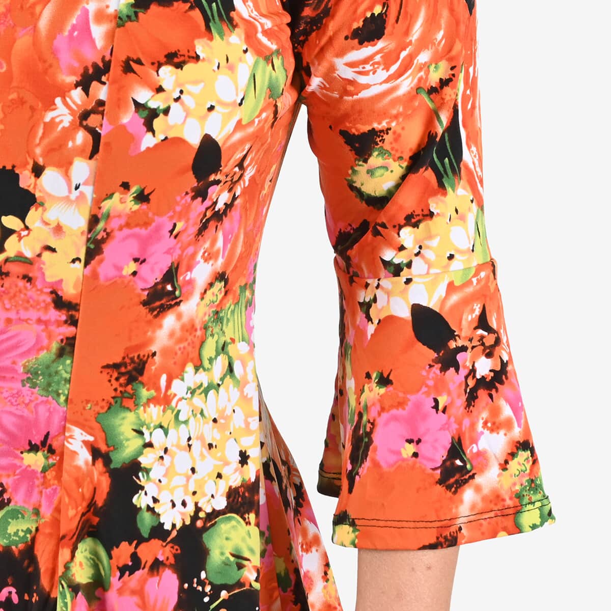 Tamsy Orange and Pink Floral Bell-Sleeve Asymmetrical Top - Large image number 4