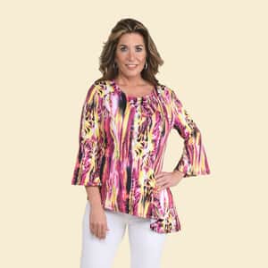 Tamsy Red Abstract Bell-Sleeve Asymmetrical Top - Large
