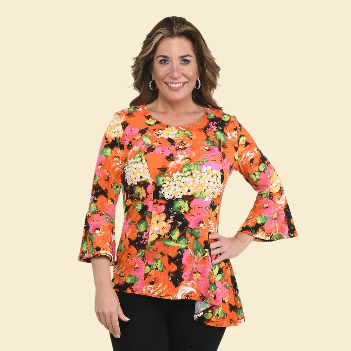 Tamsy Orange and Pink Floral Bell-Sleeve Asymmetrical Top - Medium image number 0