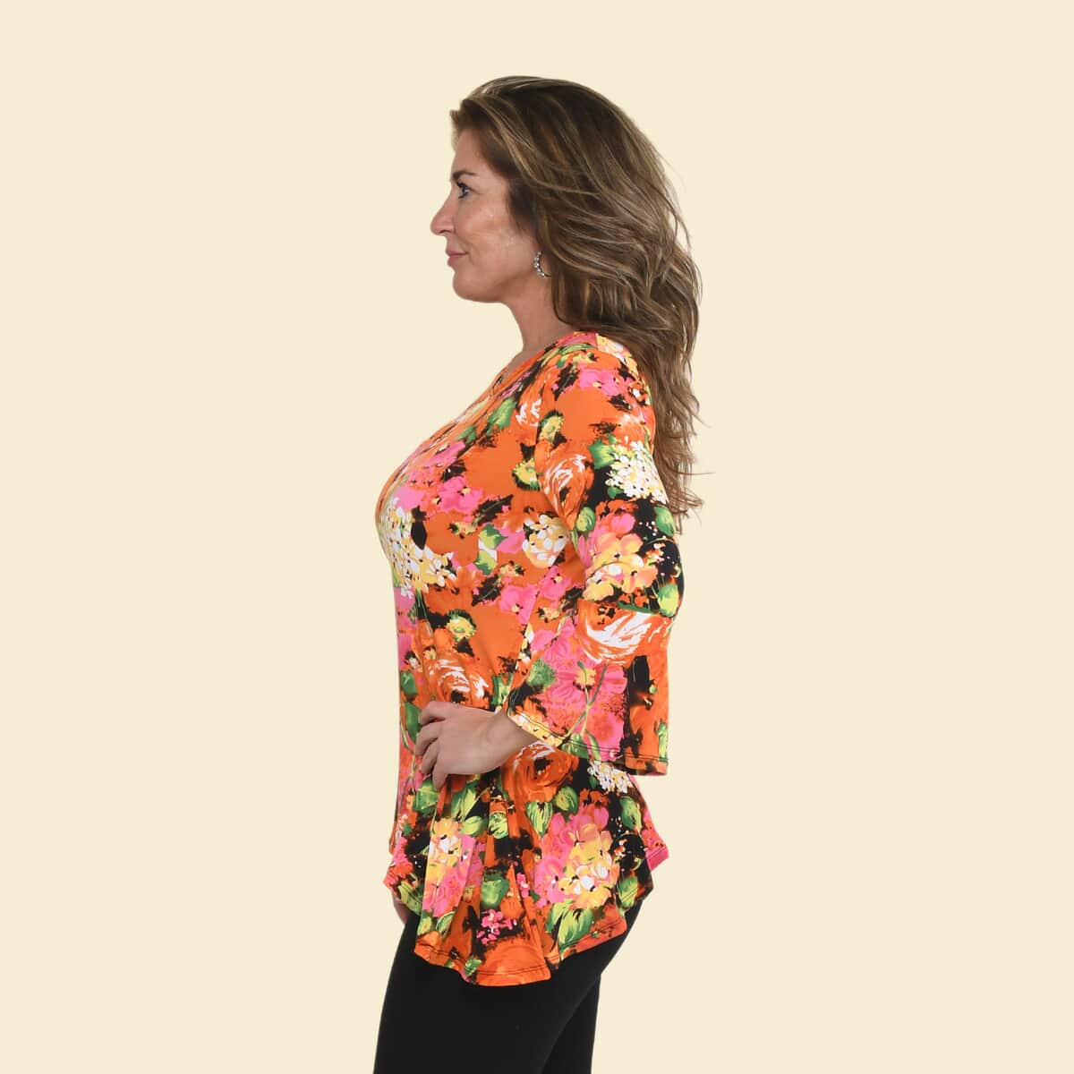 Tamsy Orange and Pink Floral Bell-Sleeve Asymmetrical Top - Medium image number 1