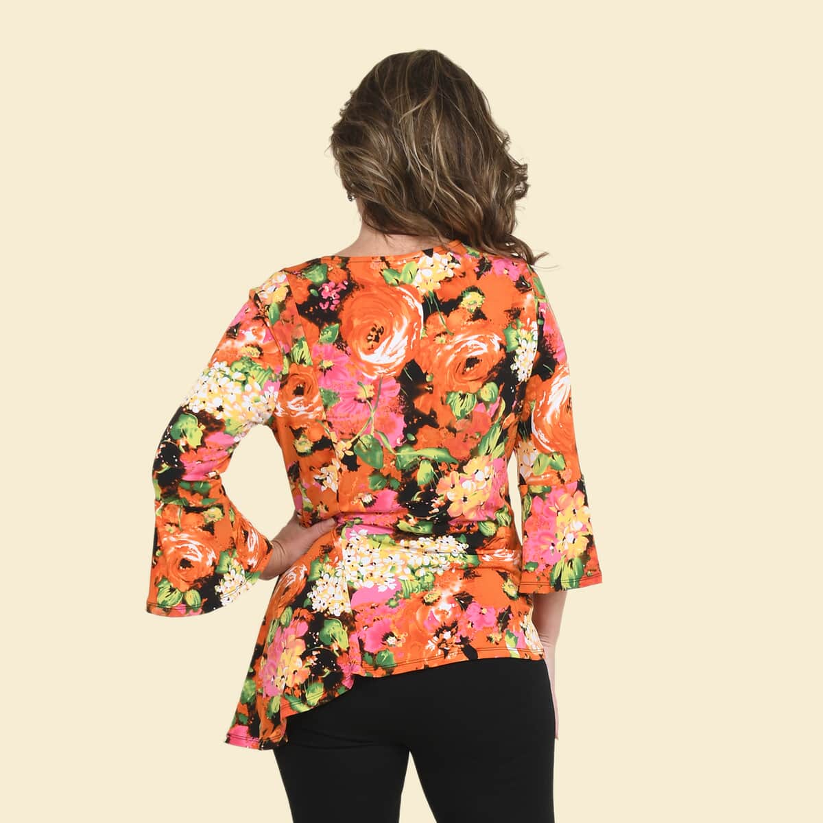 Tamsy Orange and Pink Floral Bell-Sleeve Asymmetrical Top - Medium image number 2