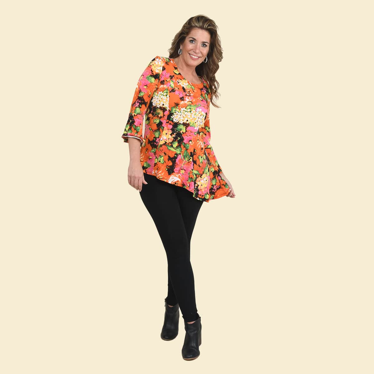 Tamsy Orange and Pink Floral Bell-Sleeve Asymmetrical Top - Medium image number 3