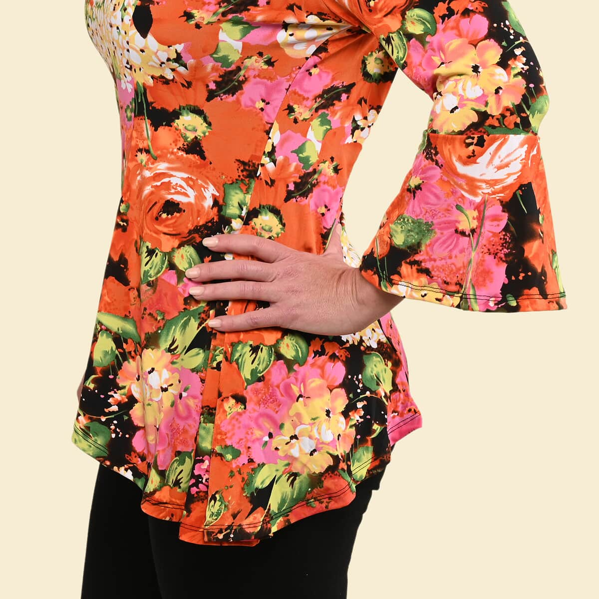 Tamsy Orange and Pink Floral Bell-Sleeve Asymmetrical Top - Medium image number 4