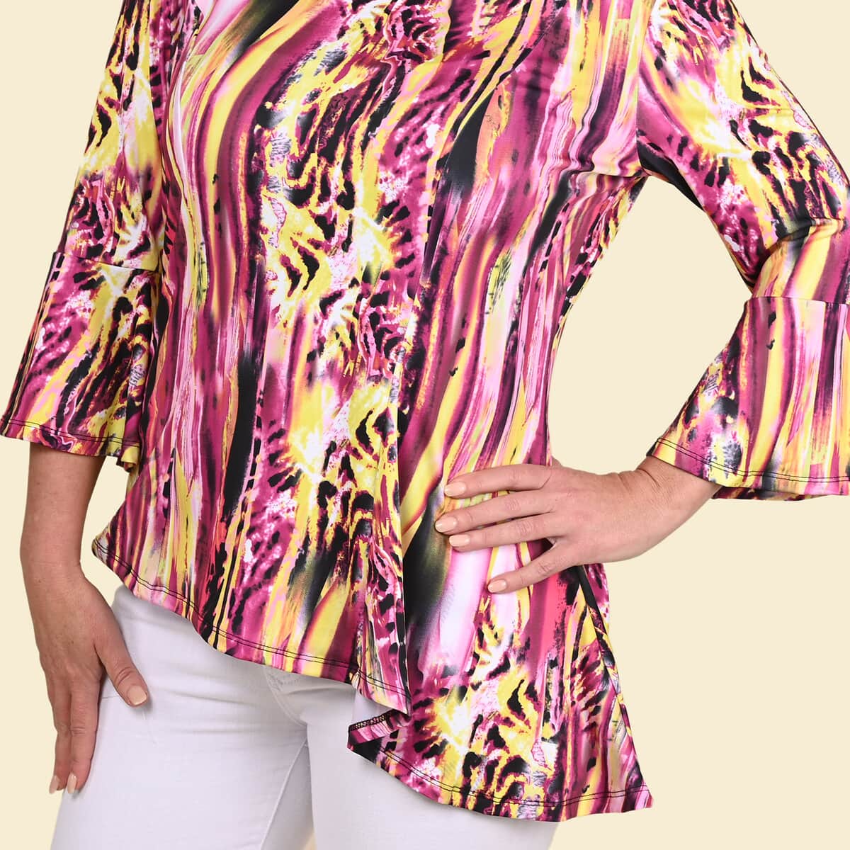 Tamsy Red Abstract Bell-Sleeve Asymmetrical Top - Medium image number 4