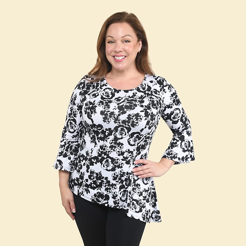 Tamsy Black and White Rose Bell-Sleeve Asymmetrical Top - Medium