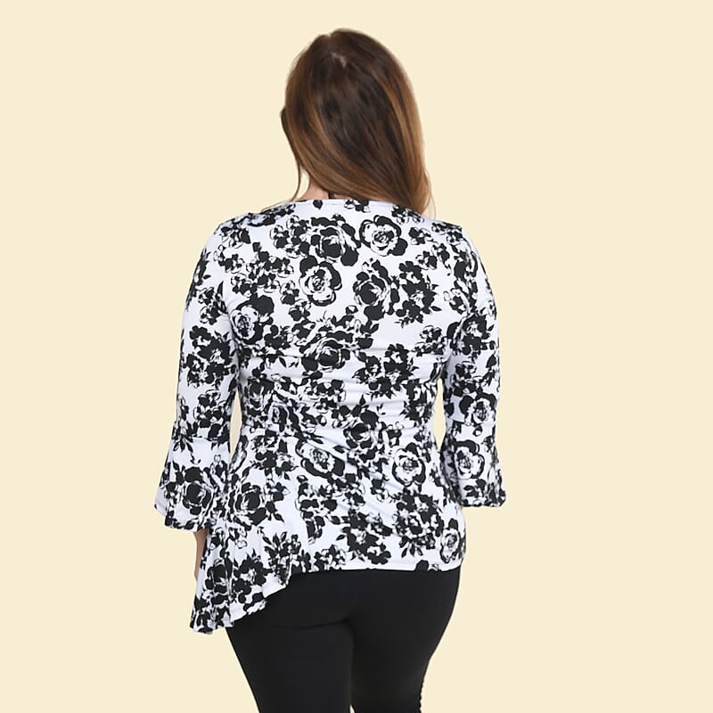 Tamsy Black and White Rose Bell-Sleeve Asymmetrical Top - Medium