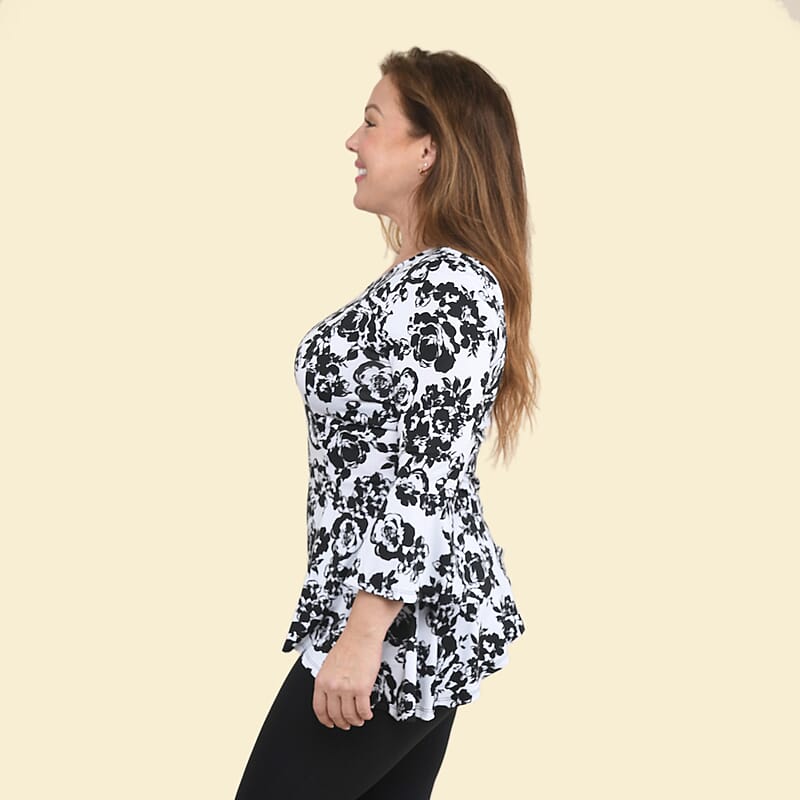 Tamsy Black and White Rose Bell-Sleeve Asymmetrical Top - Medium