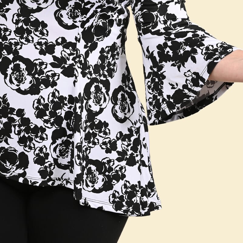 Tamsy Black and White Rose Bell-Sleeve Asymmetrical Top - Medium