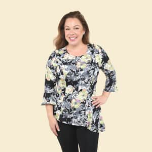 Tamsy Multicolor Floral Bell-Sleeve Asymmetrical Top - Medium