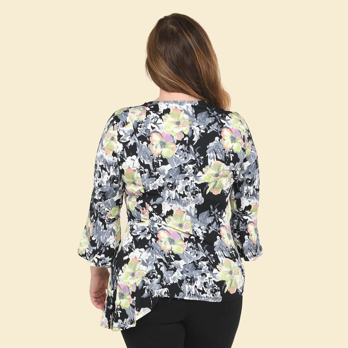 Tamsy Multicolor Floral Bell-Sleeve Asymmetrical Top - Medium image number 1