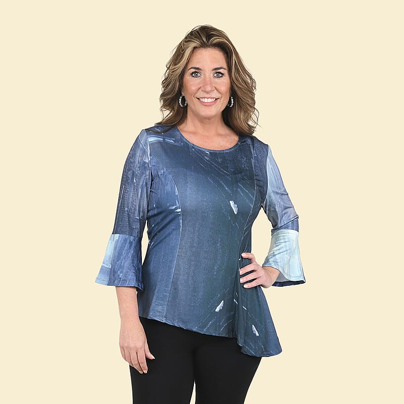 Tamsy Gray Abstract Linear Bell-Sleeve Asymmetrical Top - XL