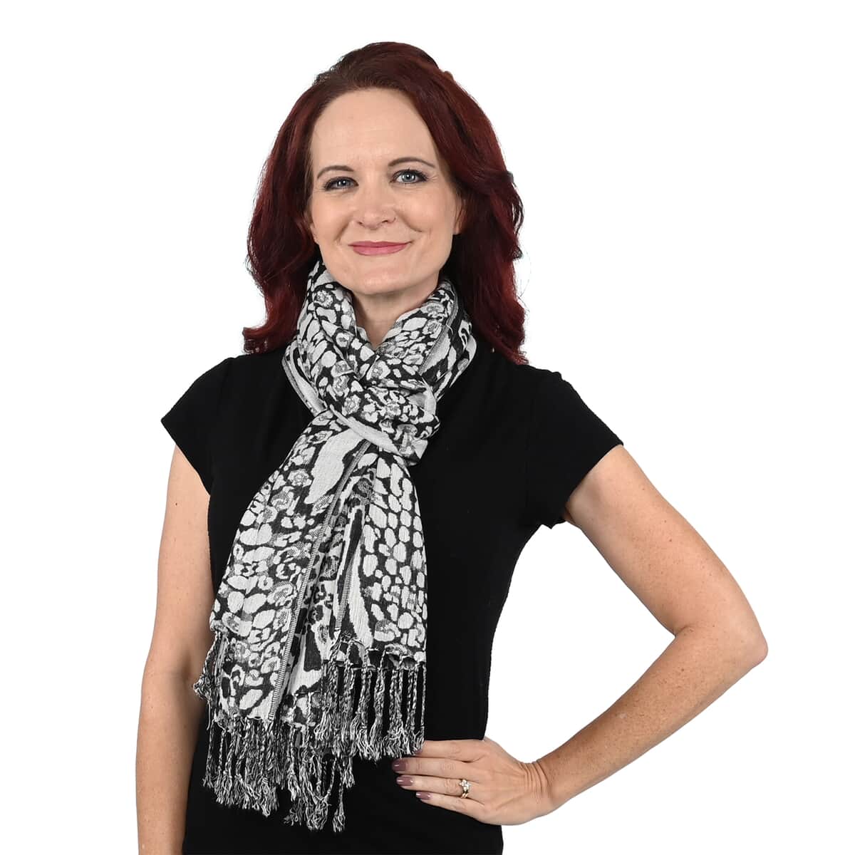 NYC CLOSE OUT Black and White Animal Print Shawl (72"x8") image number 2