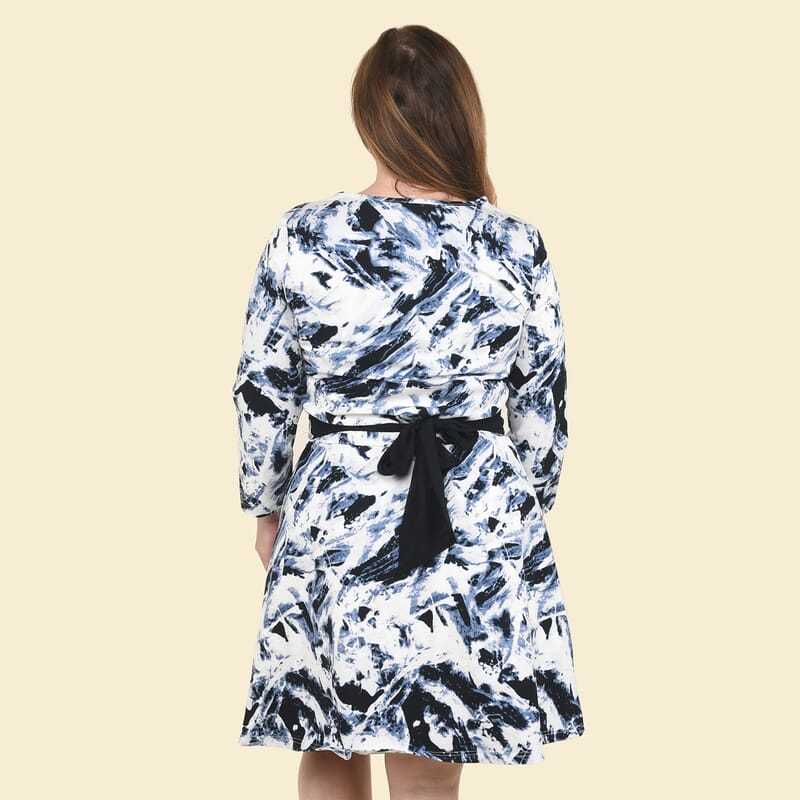 Tamsy Blue Art Midi Drop-waist Long Sleeve Dress - Large
