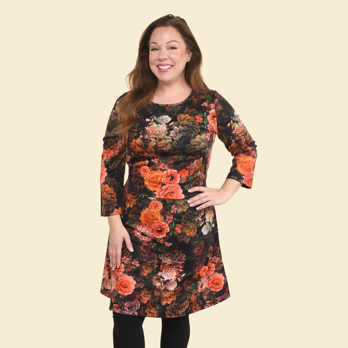 Tamsy Black Floral Midi Drop-waist Long Sleeve Dress - Large image number 0