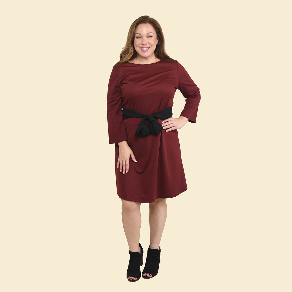 Tamsy Burgundy Solid Midi Drop-waist Long Sleeve Dress - Large image number 0