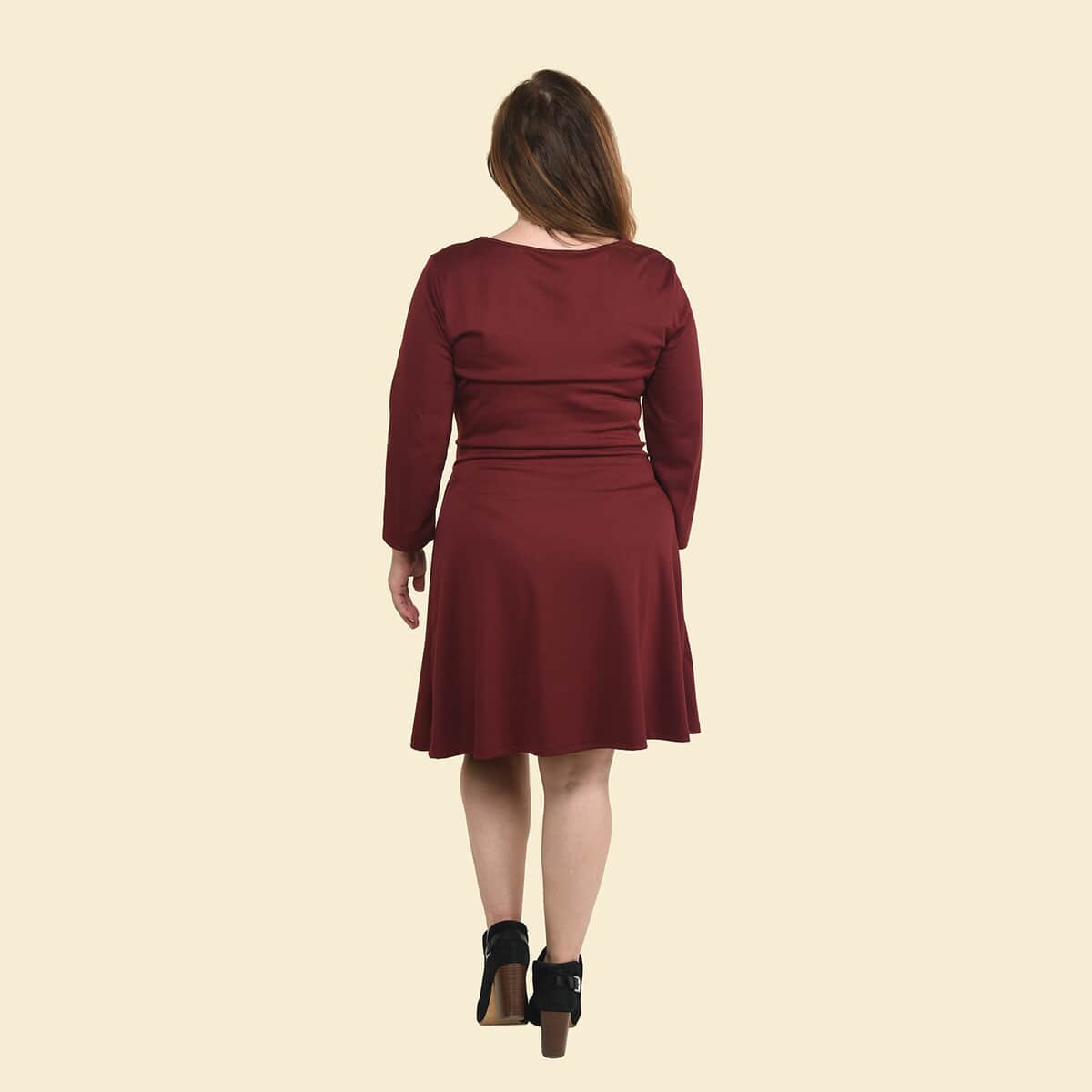 Tamsy Burgundy Solid Midi Drop-waist Long Sleeve Dress - Large image number 1