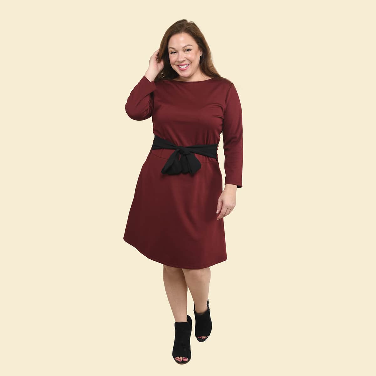 Tamsy Burgundy Solid Midi Drop-waist Long Sleeve Dress - Large image number 3