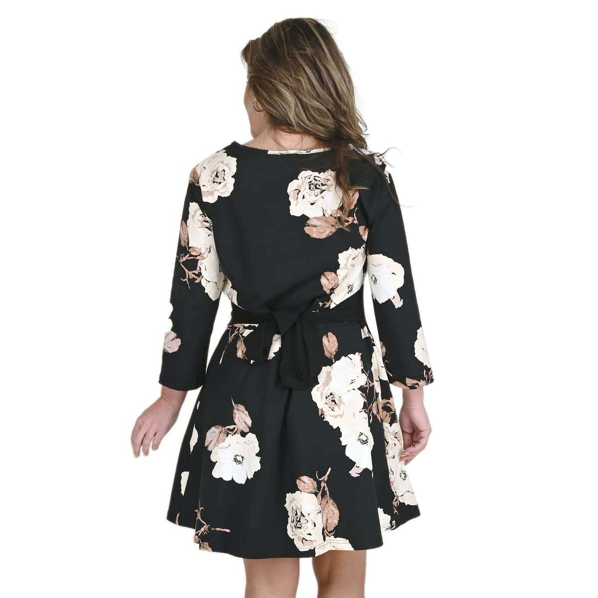 Tamsy Black and Beige Floral Midi Drop-waist Long Sleeve Dress - Medium image number 1