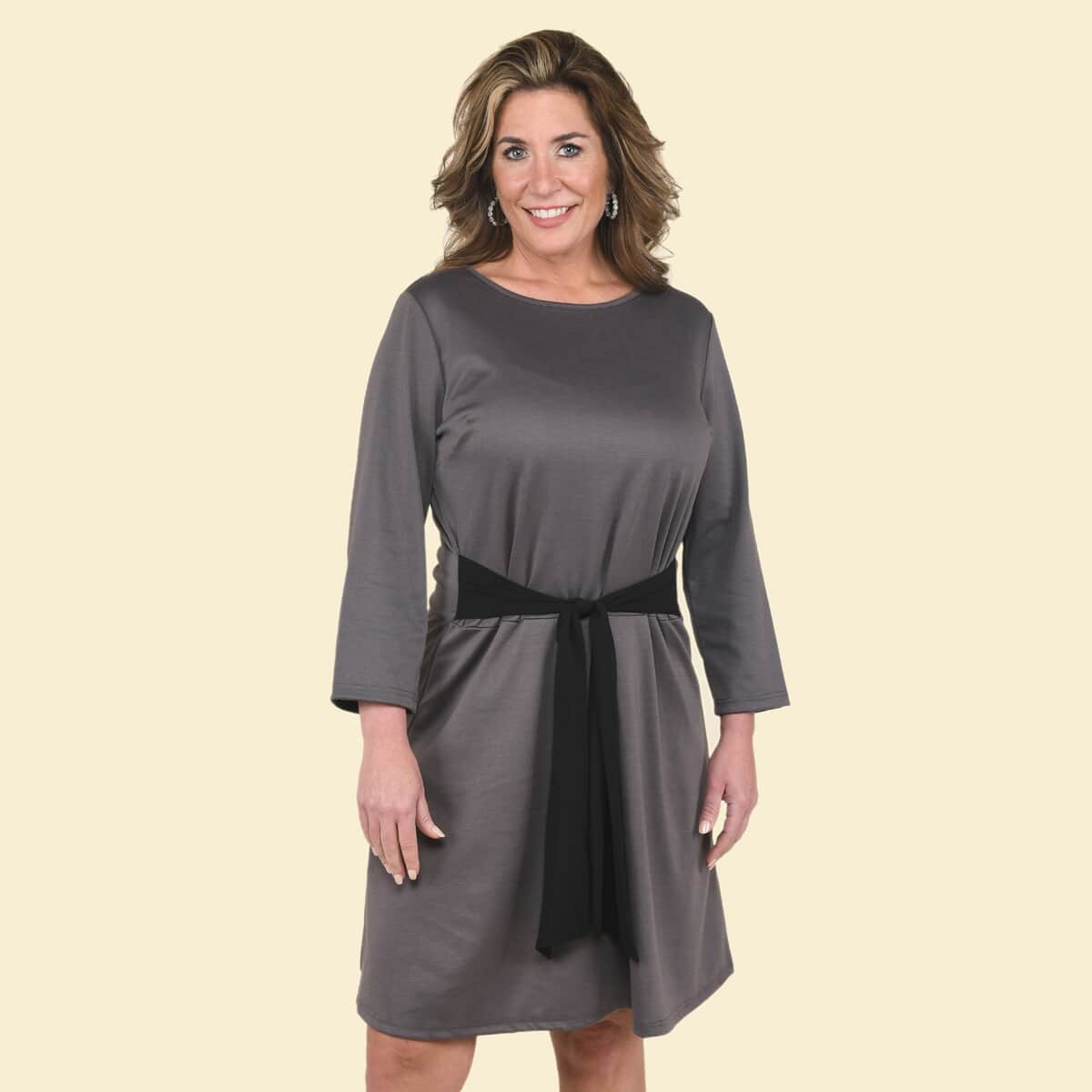 Tamsy Gray Solid Midi Drop-waist Long Sleeve Dress - Medium image number 0