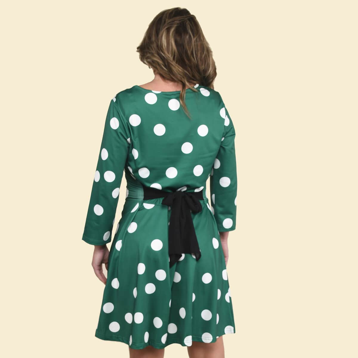 Tamsy Green Polka Dot Midi Drop-waist Long Sleeve Dress - Medium image number 1