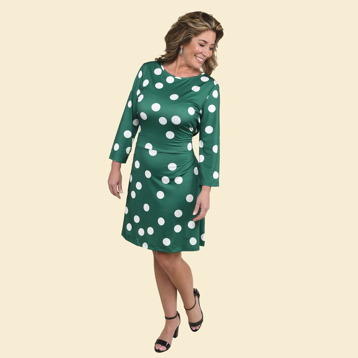 Tamsy Green Polka Dot Midi Drop-waist Long Sleeve Dress - Medium image number 3