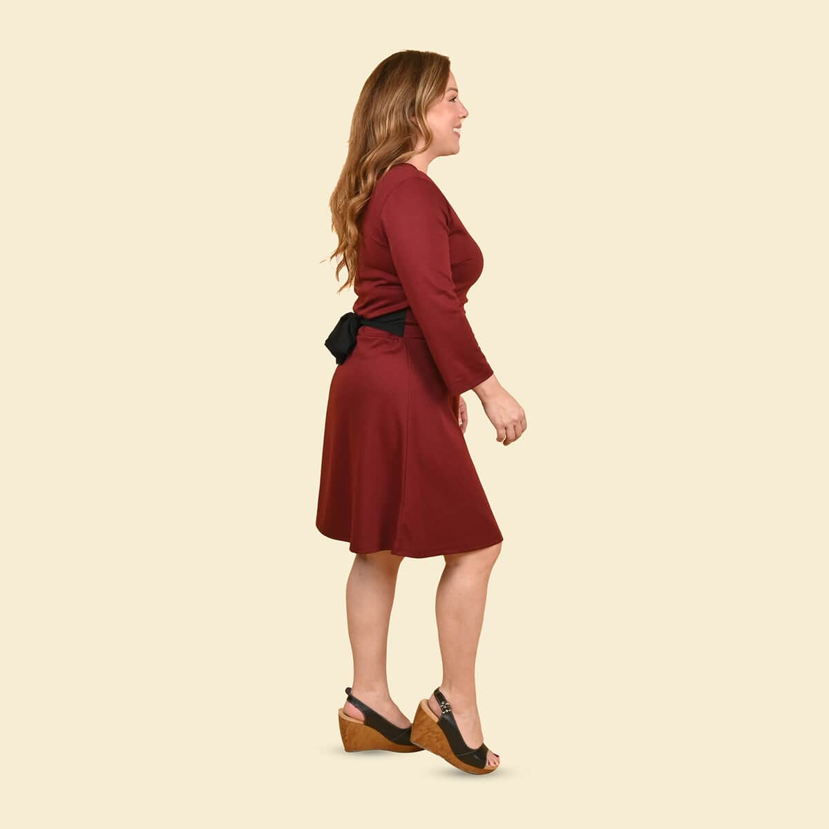 Tamsy Burgundy Solid Midi Drop-waist Long Sleeve Dress - Small image number 2