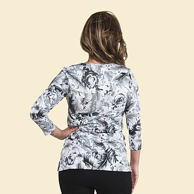 Tamsy Gray Floral Blouse with Chain Belt and Neck Embellishment - Large