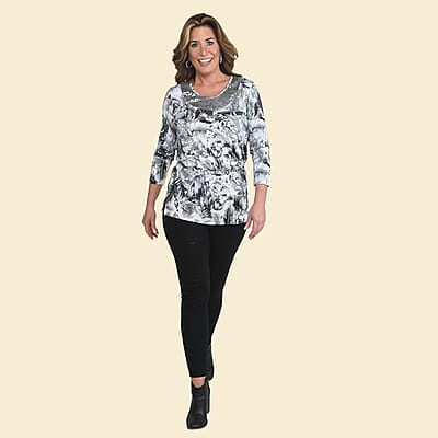 Tamsy Gray Floral Blouse with Chain Belt and Neck Embellishment - Large