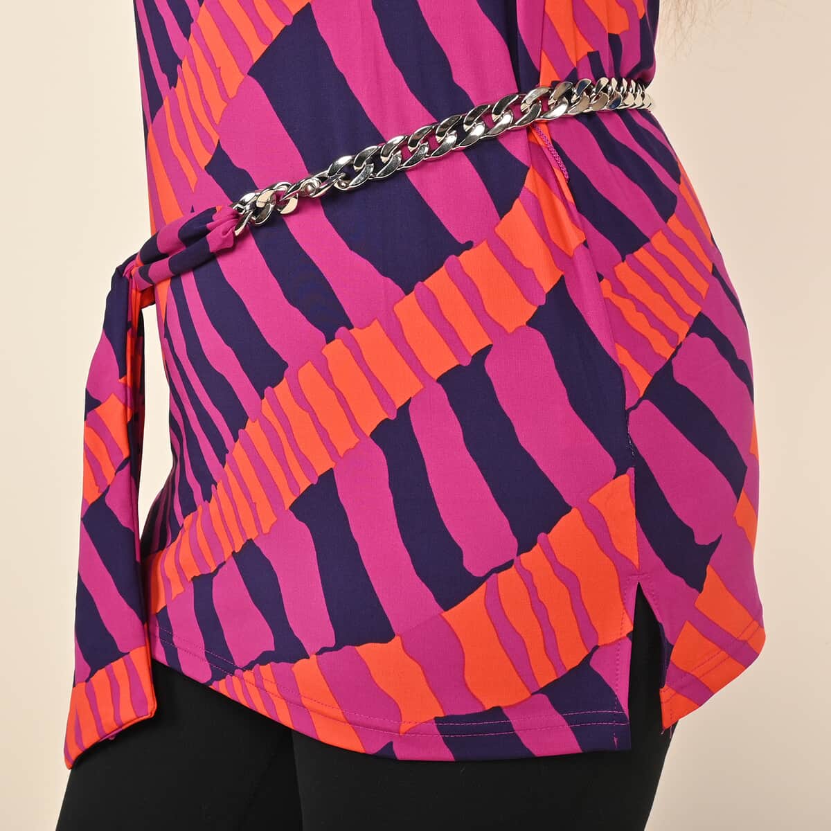 Tamsy Pink Abstract Blouse with Chain Belt and Neck Embellishment - Large image number 4