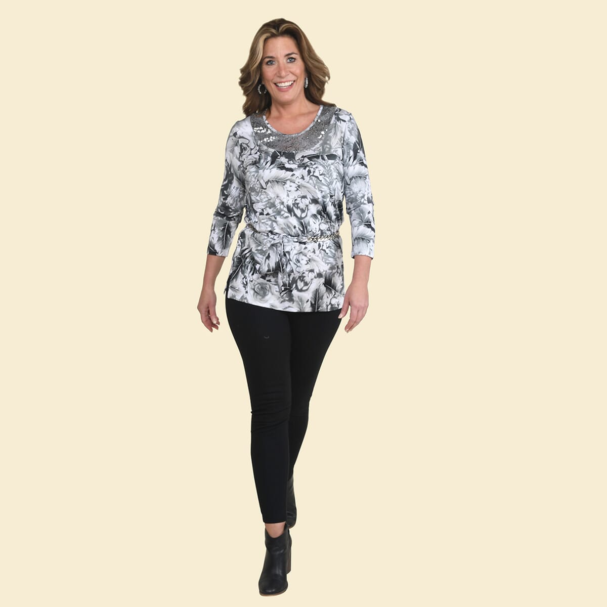 Tamsy Gray Floral Blouse with Chain Belt and Neck Embellishment - Medium image number 3
