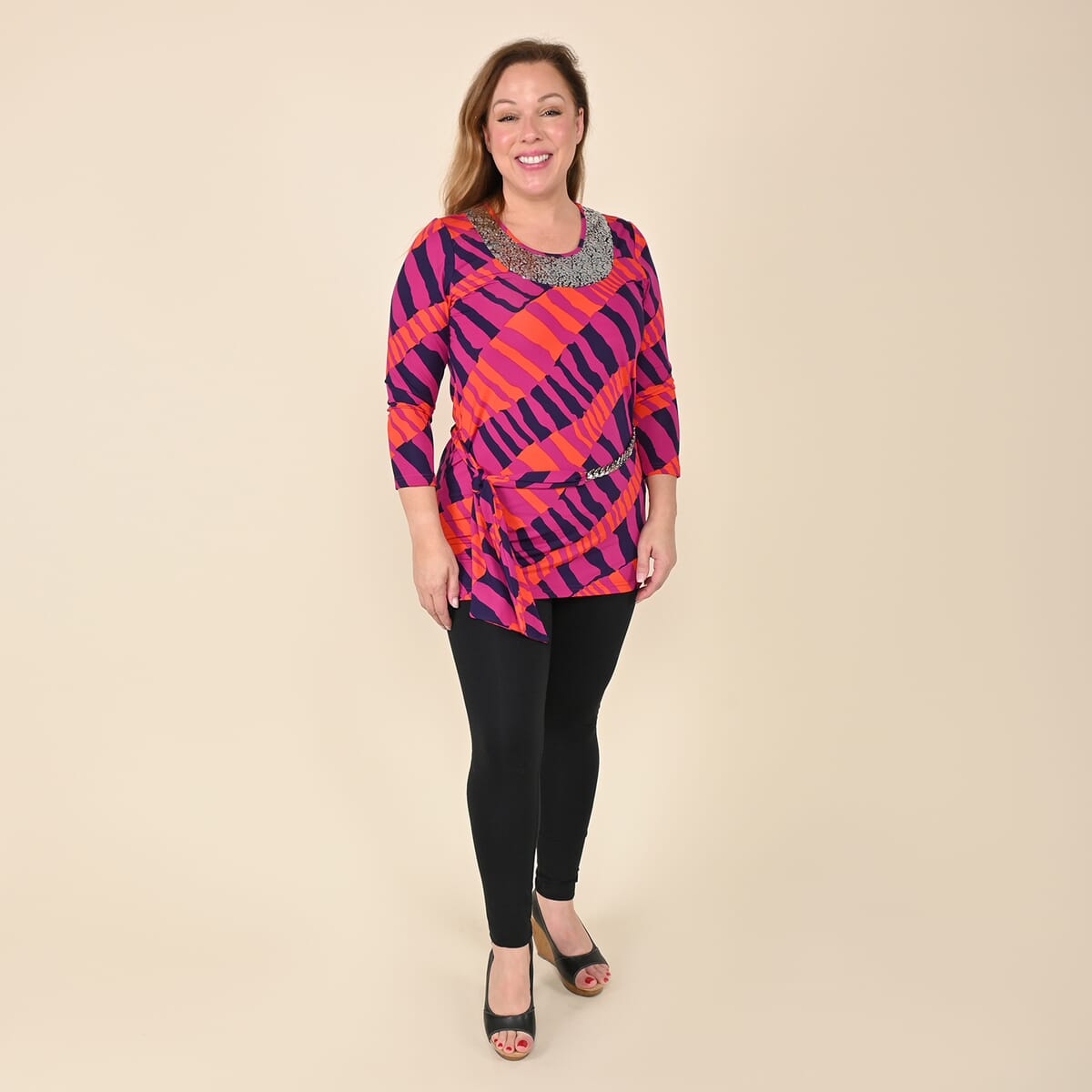 Tamsy Pink Abstract Blouse with Chain Belt and Neck Embellishment - XL image number 0