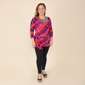 Tamsy Pink Abstract Blouse with Chain Belt and Neck Embellishment - XL
