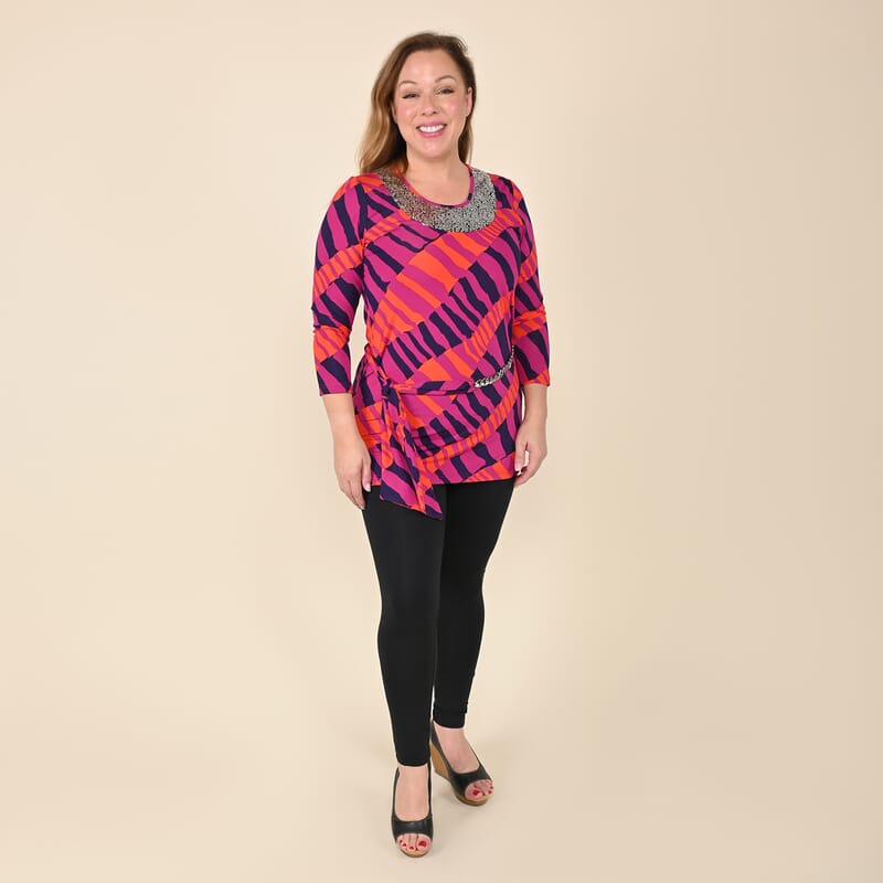 Tamsy Pink Abstract Blouse with Chain Belt and Neck Embellishment - XL