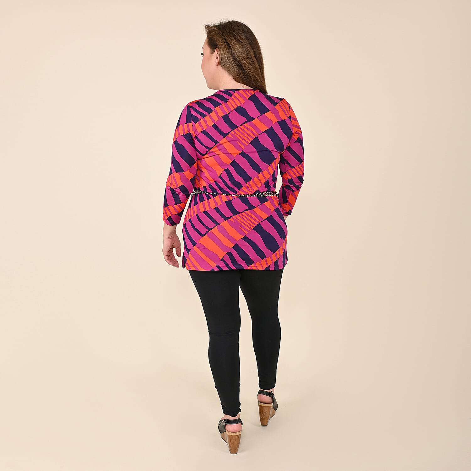Tamsy Pink Abstract Blouse with Chain Belt and Neck Embellishment - XL
