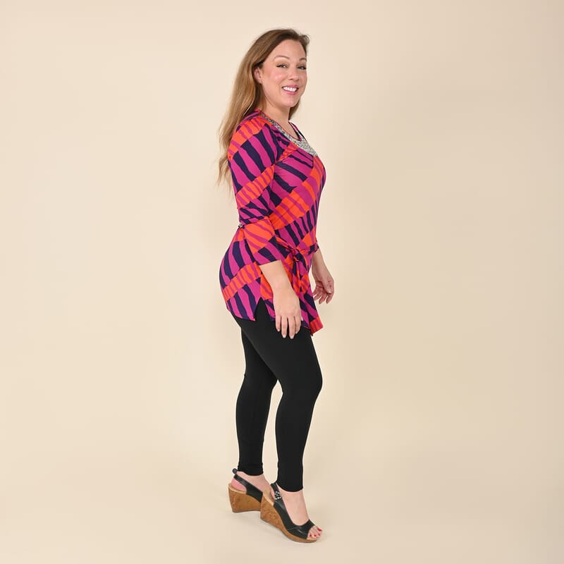 Tamsy Pink Abstract Blouse with Chain Belt and Neck Embellishment - XL